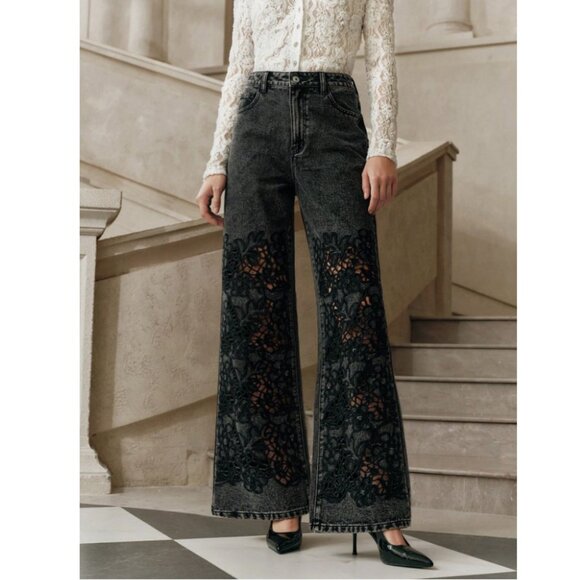 Boutique Chic Black Lace Overlay Wide-Leg Jeans |High Waist Statement Denim - Picture 2 of 3